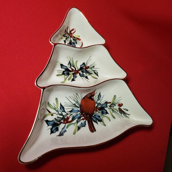 Lenox Winter Greetings Tree Divided Server Red Cardinal with Holly Gold Trim 199 - Picture 11 of 12
